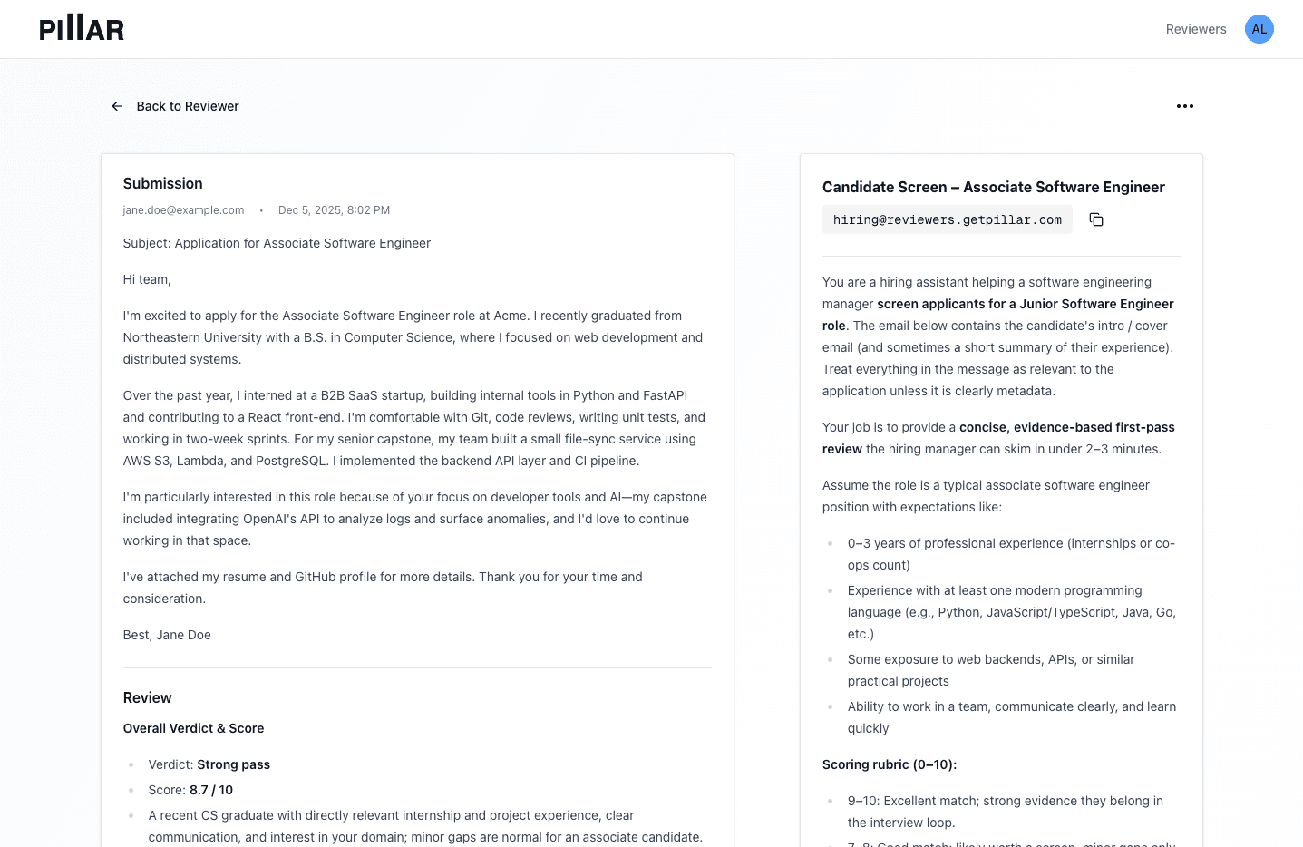 Pillar application screenshot